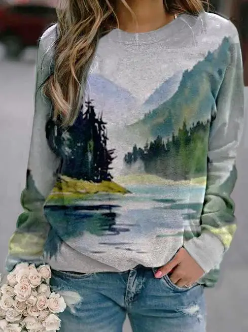 Landscape Print Long sleeved Round Neck Casual Sweater 3 - Shop at LoveMi