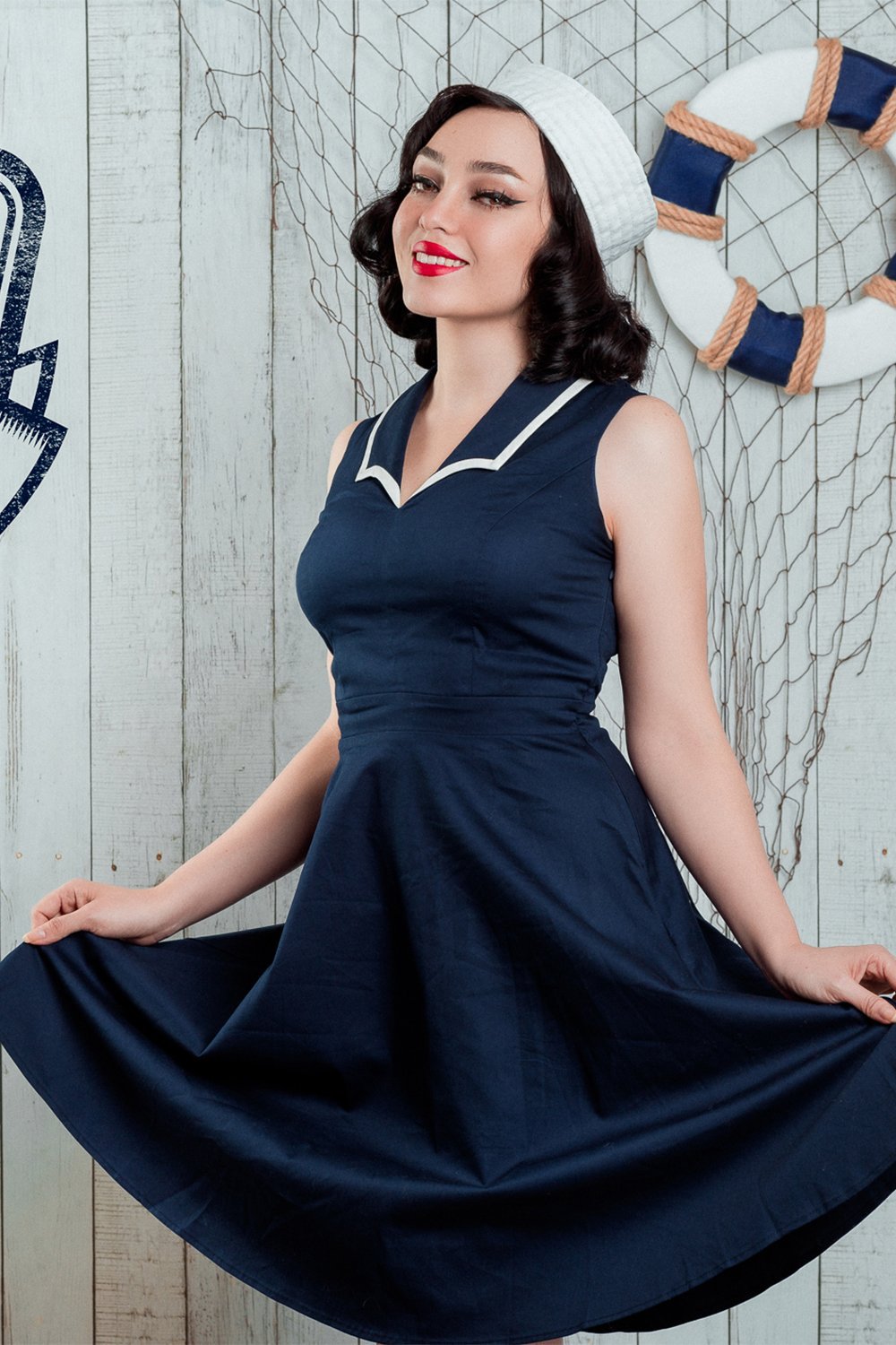 Slim Temperament Navy Style Lapel Hepburn Dress
