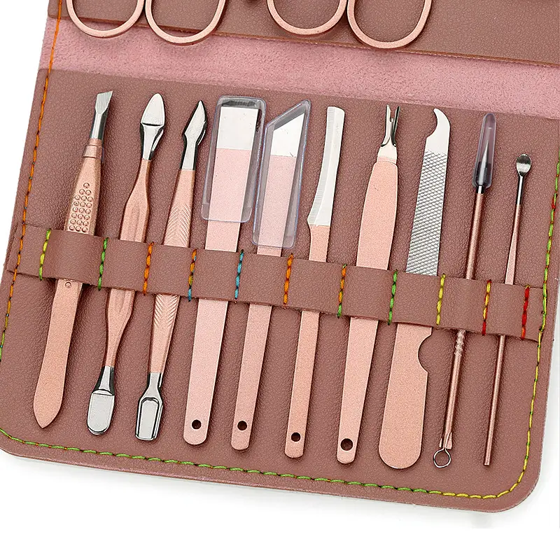 Portable PU Leather Rose Gold Manicure Tool Se