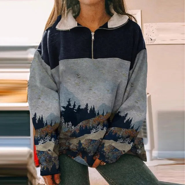 Fashionable Zipper Print Fleece Sweater With Long Sleeves Blue - Shop at LoveMi