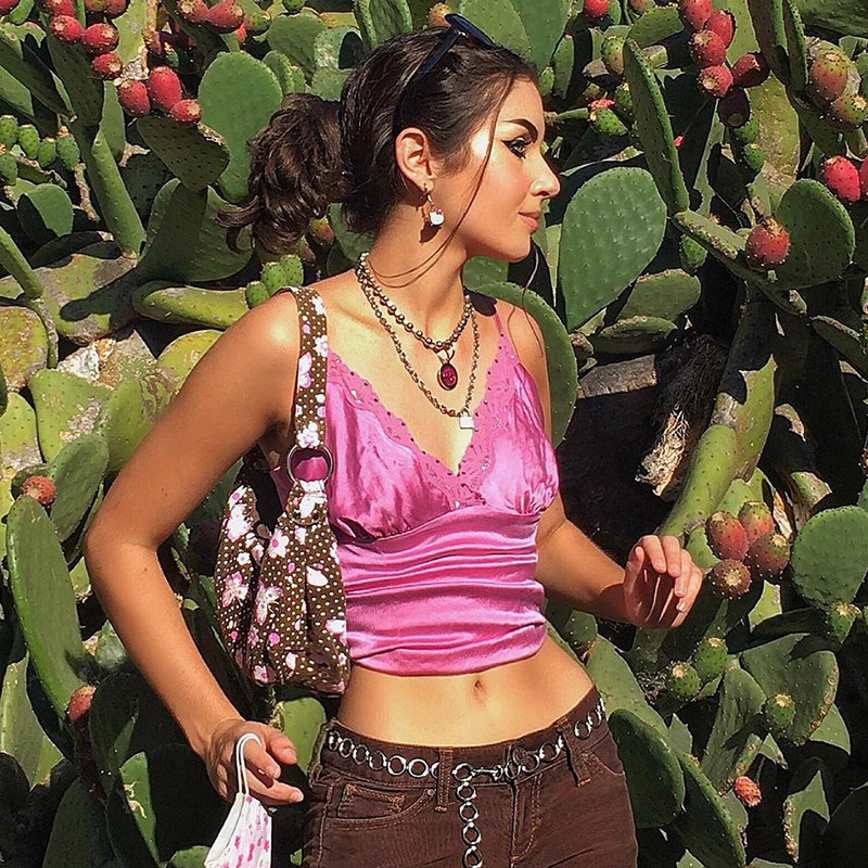 Women's V-Neck Satin Exposed Lace Camisole