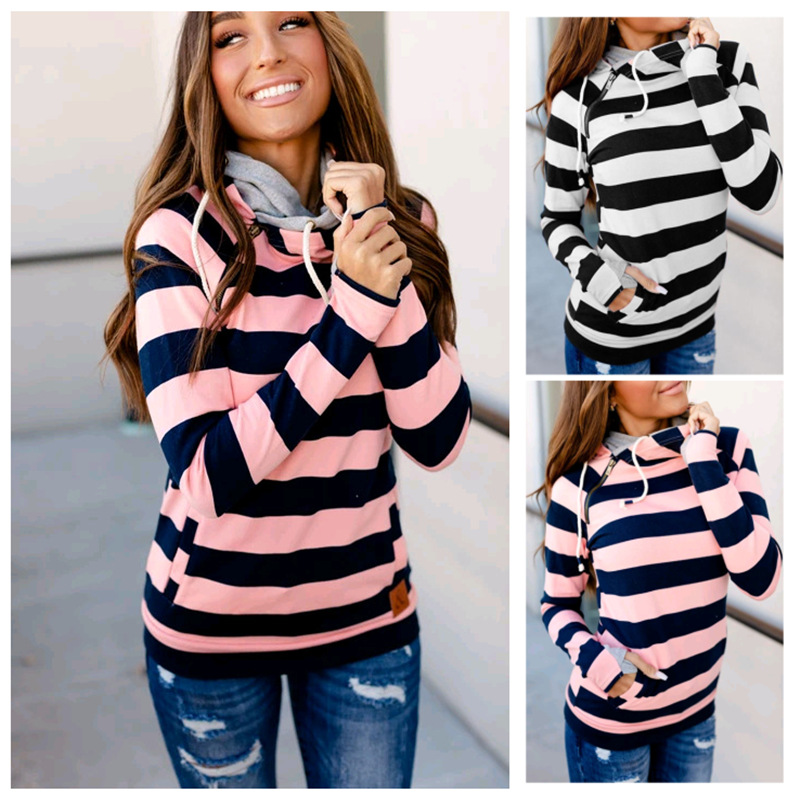 Striped Sweatshirt With Retro Drawstring Zip Collar