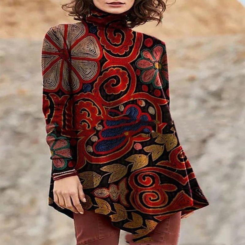 Irregular Women's T-shirt With Printed High Collar