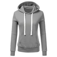 Women's Solid Colour Long-Sleeved Loose Hooded Sweater Top - Grey - View 1