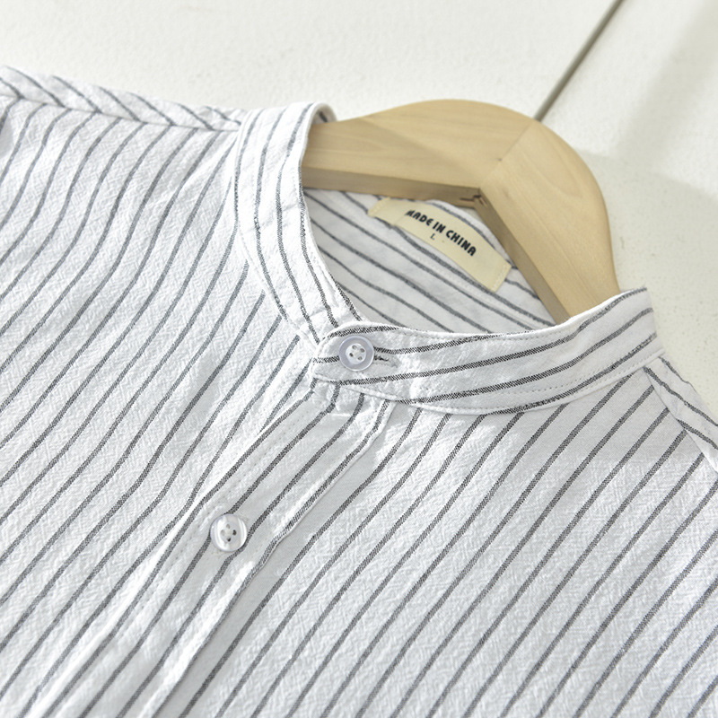 Men's Medal Striped Cotton Casual Shirt Men's Stand Collar Cotton Shirt