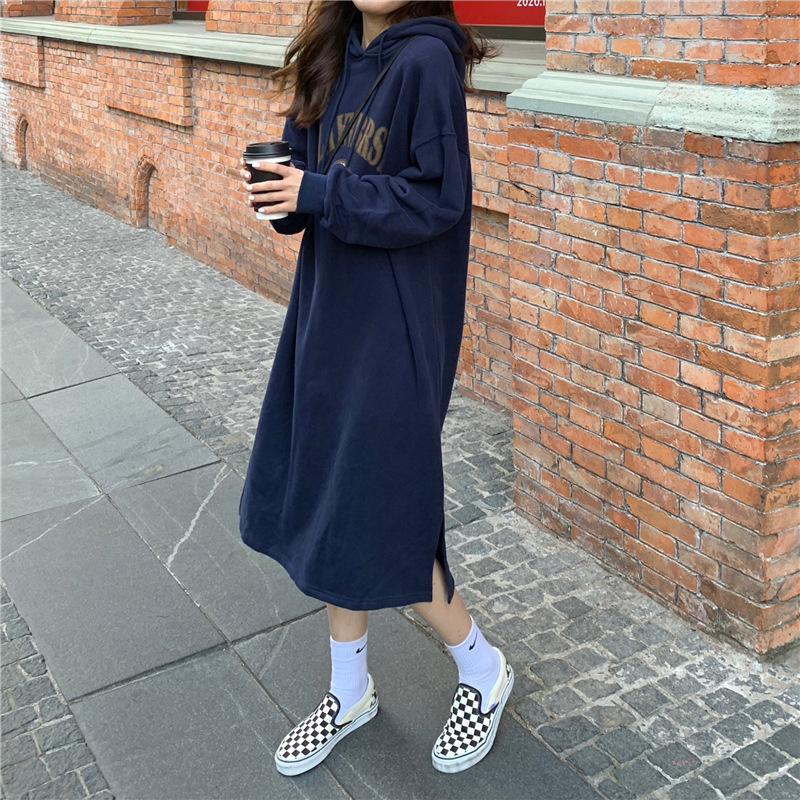 Fashion Loose And Thin hooded Plus Velvet Thickened Knee-length Sweater Dress