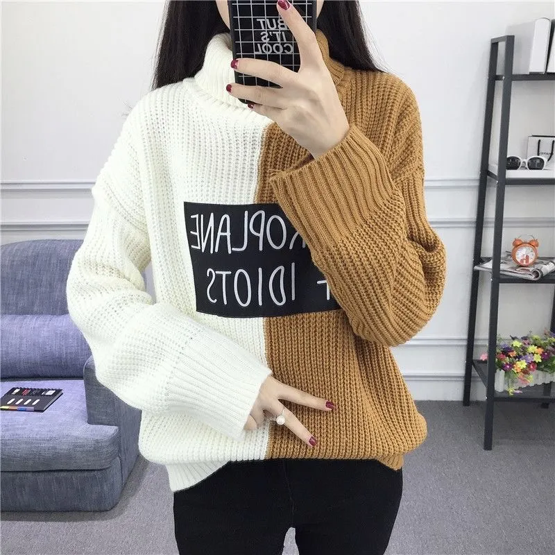 High-Neck Thick Sweater Girl Student Korean Style Autumn and Winter Short - Khaki