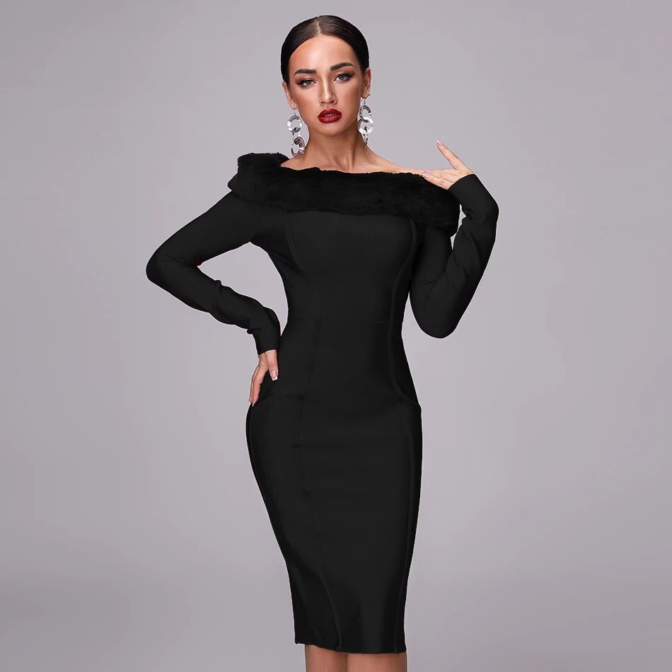 Word Shoulder Fur Collar Temperament Dress Was Thin Bandage Dress