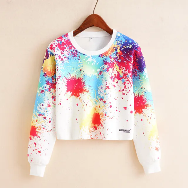 Colorful Firework Print Long sleeved Sweater With Round Neck Pullover White - Shop at LoveMi