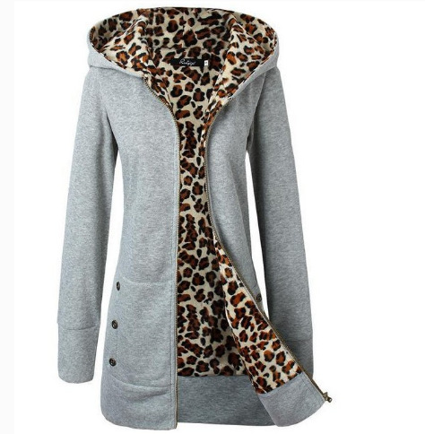 Hooded Thickening Leopard Print Sweater Plush Coat Female Light Grey - Shop at LoveMi