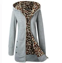 Hooded Thickening Leopard Print Sweater Plush Coat Female - Light Grey - View 1