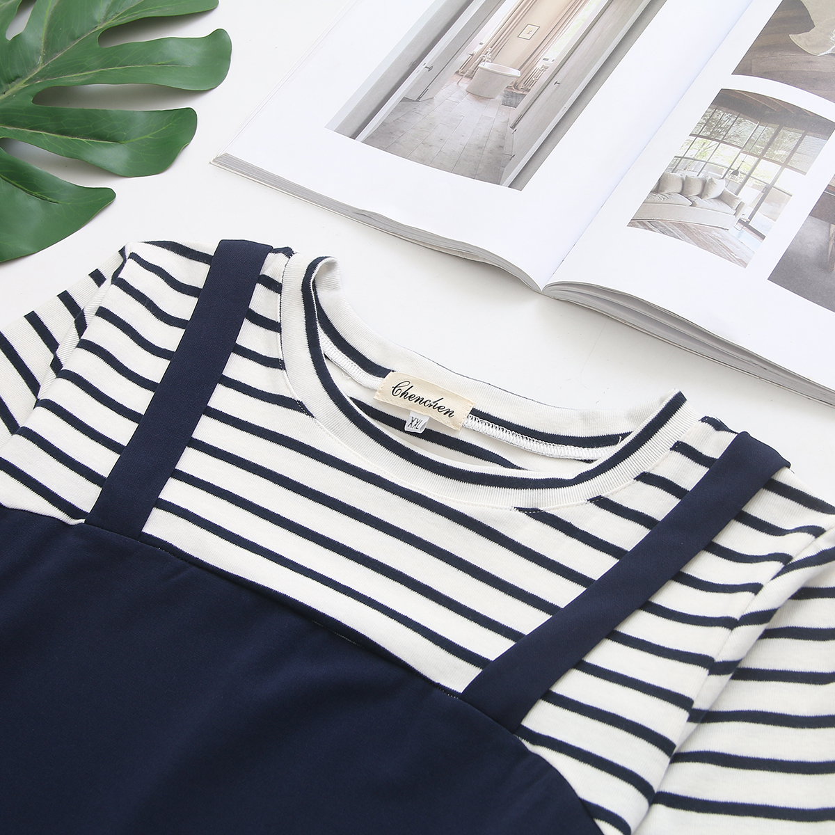 Oversized Round Neck Striped Fake Two-Piece Ruffle Dress