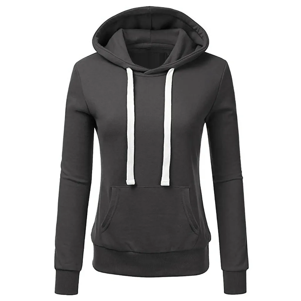 Women's Solid Color Long-Sleeved Loose Hooded Sweater Top - Dark Grey