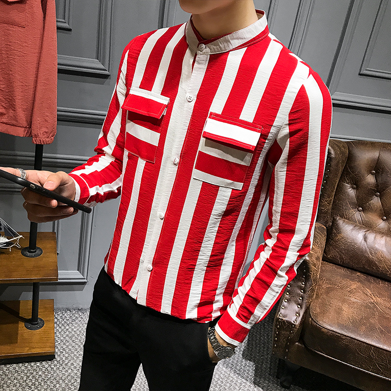 Collarless Slim Hairdresser Long Sleeve Stand Collar Shirt Men Trendy