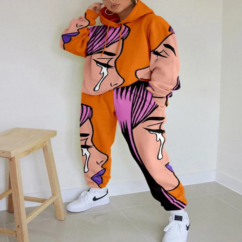 Casual Hooded Loose Printed Basic Women's Sweatshirt Set