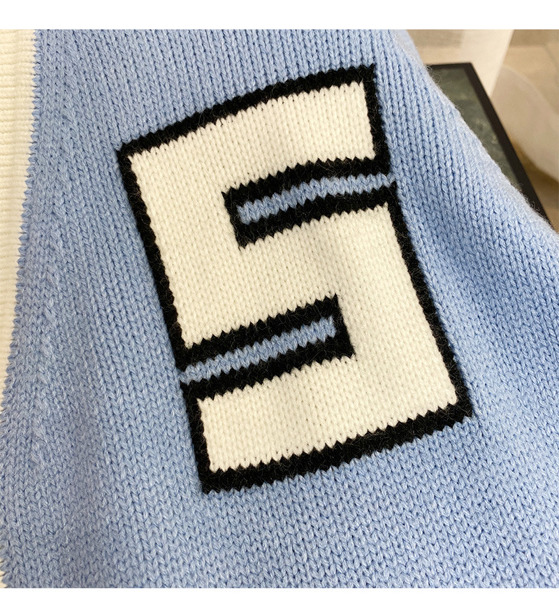 V-Neck Letter Jacquard Contrast Loose Knit Coat Cardigan Girl