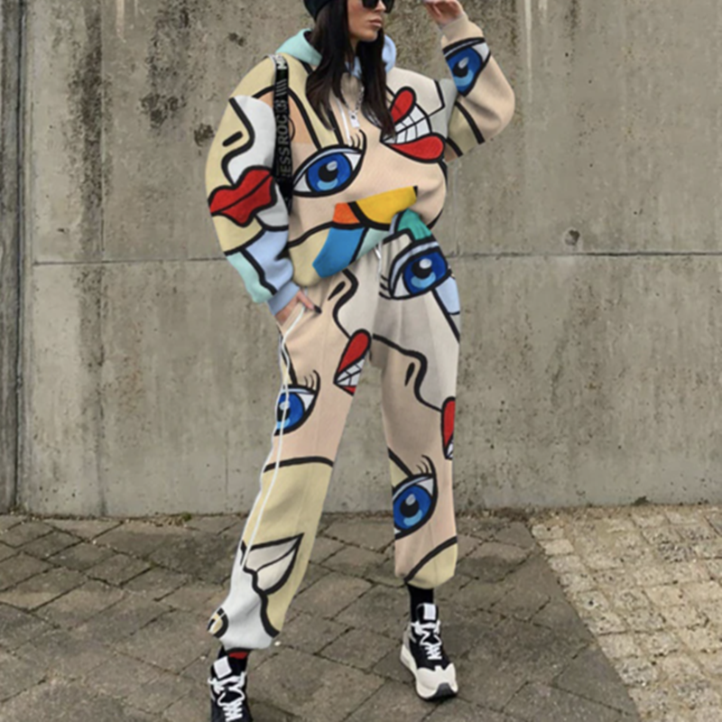 Ladies Casual Abstract Printing Two-piece Suit