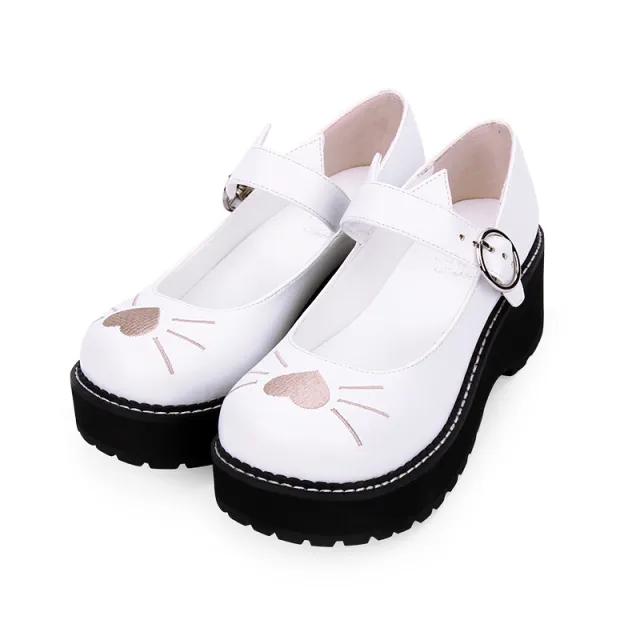 Round Toe Lolita Original Embroidery Cat Love Platform Shoes White - Shop at LoveMi