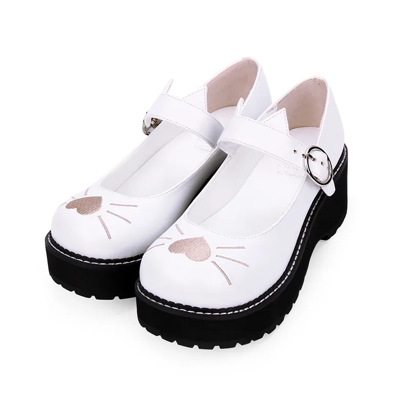 Round Toe Lolita Original Embroidery Cat Love Platform Shoes - White