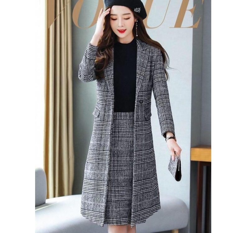 Houndstooth Woolen Coat And Skirt Two-Piece Suit