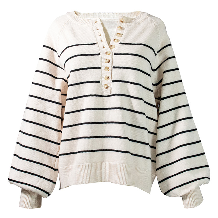 Bubble Sleeve Striped Long Sleeve Knit Sweater Lady