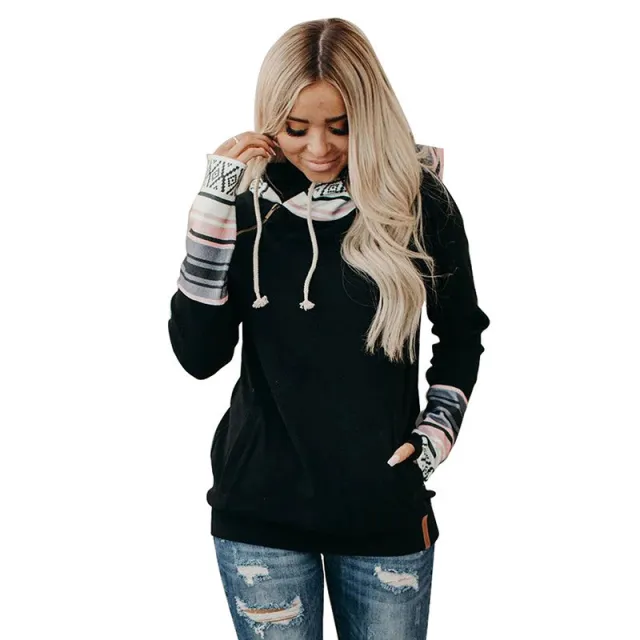 Women's New Color Matching Hooded Street Style Pullover Sweater Black - Shop at LoveMi