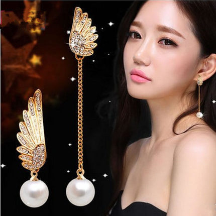 Wings Pearl Stud Earrings Asymmetrical Tassel Long