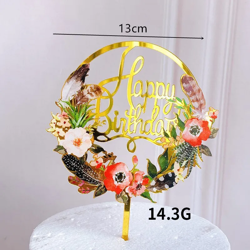 Dark Flowers Acrylic Happy Birthday Baking Cake Decoration - Feather