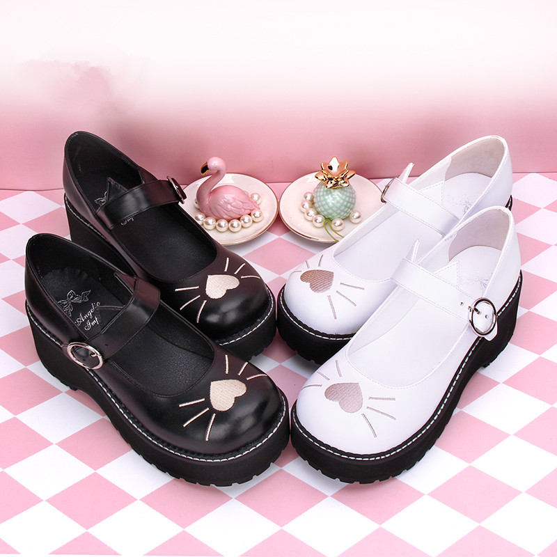 Round Toe Lolita Original Embroidery Cat Love Platform Shoes