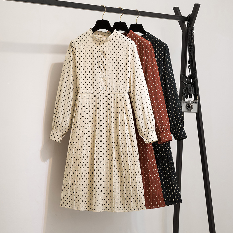 Age-reducing Long-sleeved Slim Chiffon Polka Dot Western Style Large Size Dress