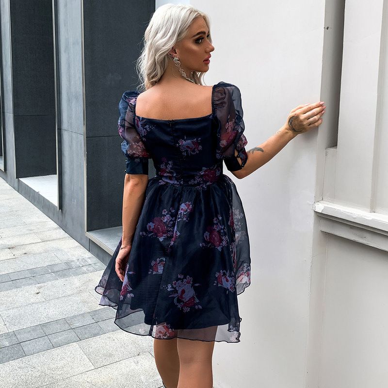 Short Sleeve Printed Organza Dress Women's Square Collar Short Skirt