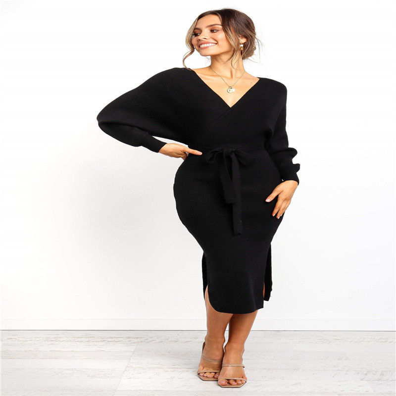 Explosive Style Solid Color Knitted V-Neck Sweater Dress Women
