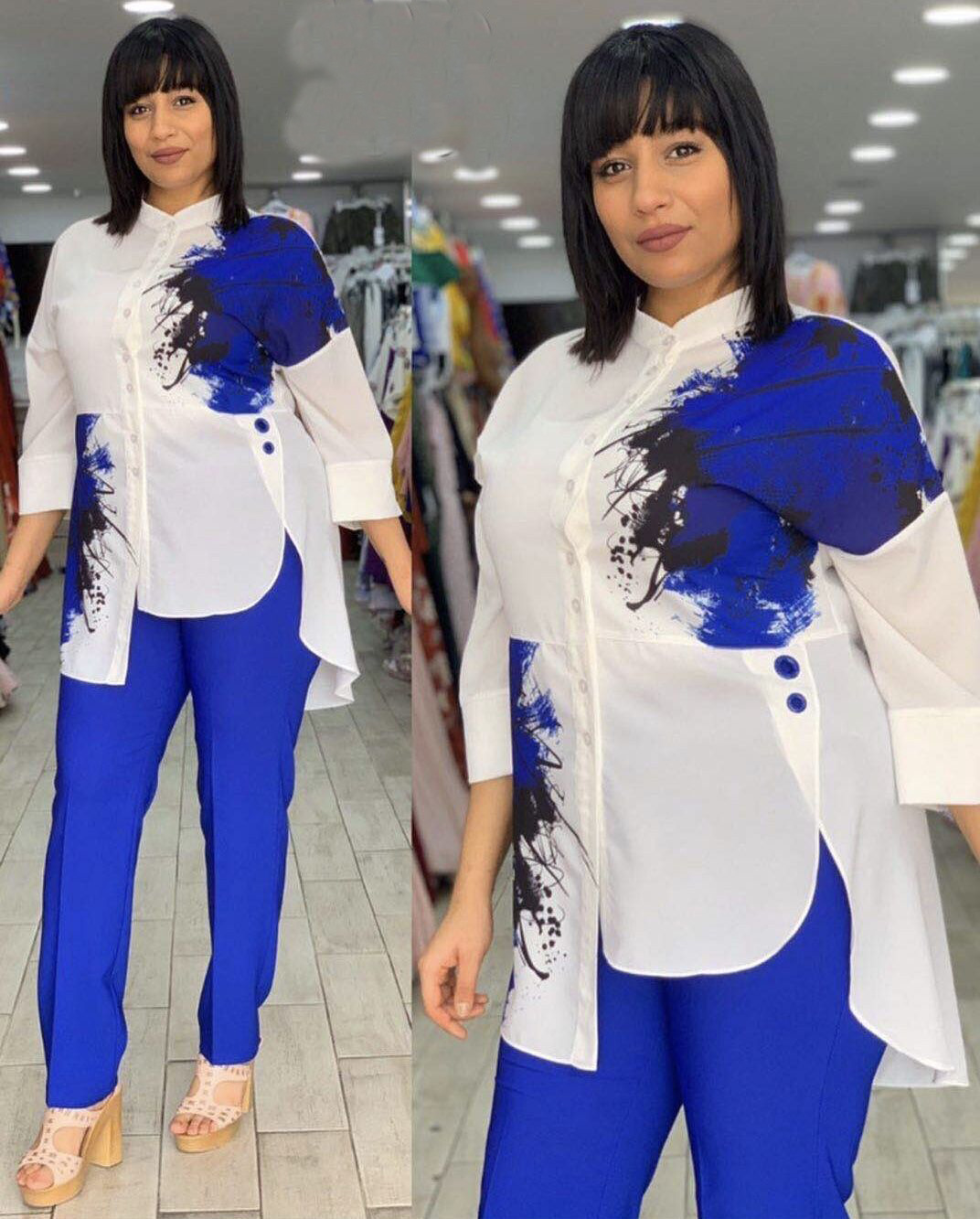 Women's Printed 3 / 4 Sleeve Irregular Shirt Top Pencil Pants Large