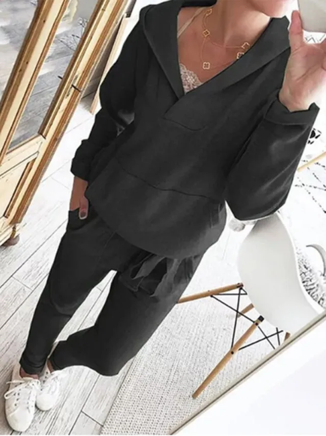 Solid Color Hooded Sweater Fashion Casual Sports Suit Black - Shop at LoveMi