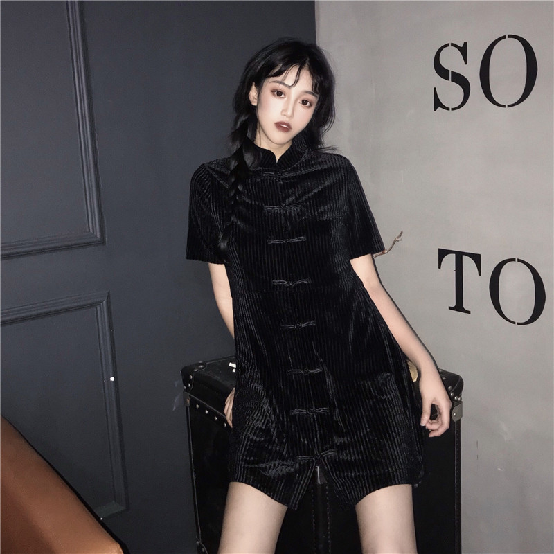 Corduroy Short-Sleeved Dress With Turton-Button Collar