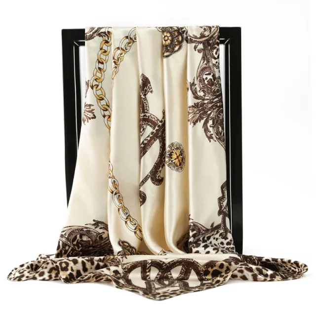 90 * 90Cm Square Scarf Leopard Chain Silk Scarf Simulation Silk Scarf Beige - Shop at LoveMi