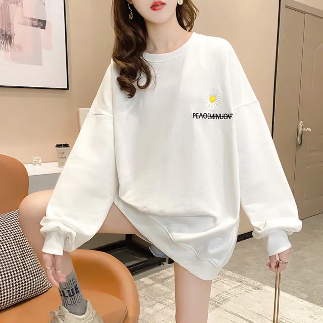 Women's Round Neck Pullover Daisy Embroidery Loose Sweater White - Shop at LoveMi