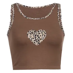 Patchwork Brown Cute Tops Women Leopard Heart Sexy Tank Top - Leopard - View 1