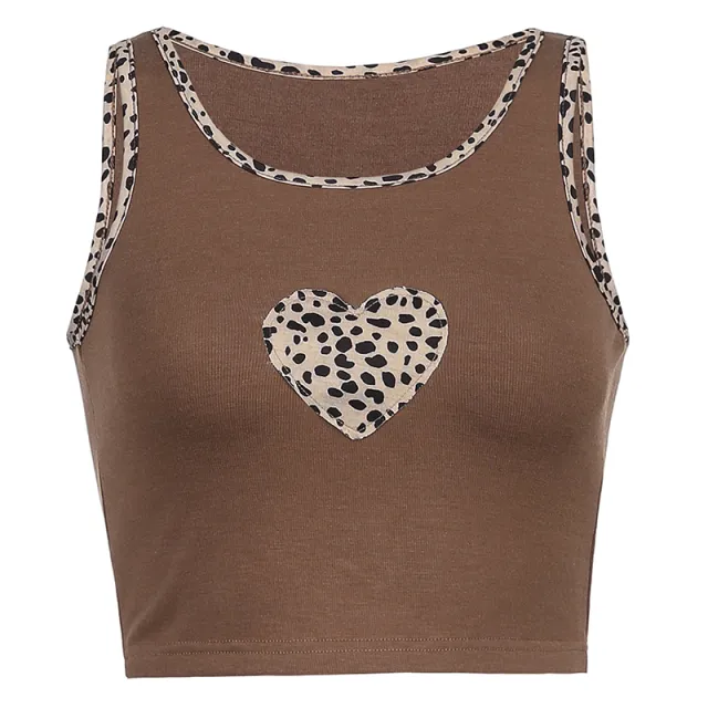 Patchwork Brown Cute Tops Women Leopard Heart Sexy Tank Top Leopard - Shop at LoveMi