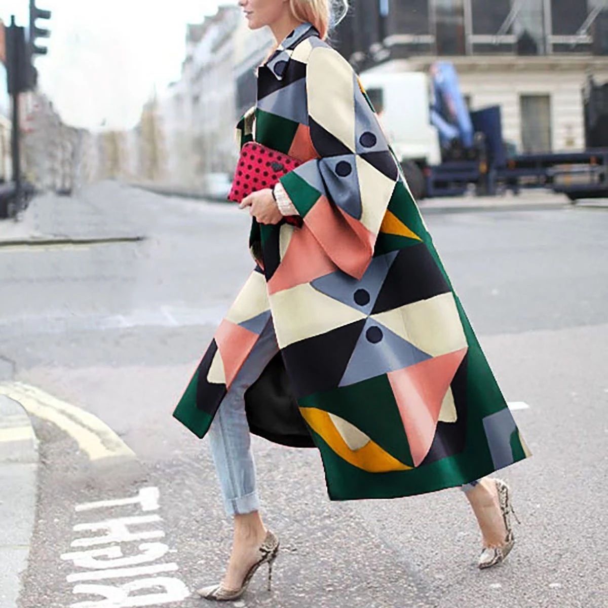 Geometric Print Color Loose Long Coat Windbreaker Women