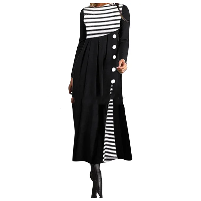 Fashion Retro Large Size Slim Hepburn Striped Dress Black - Shop at LoveMi