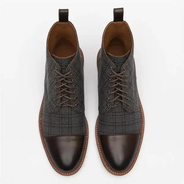 Lace-up Low-Top Men's Boots With Checkered Fabric