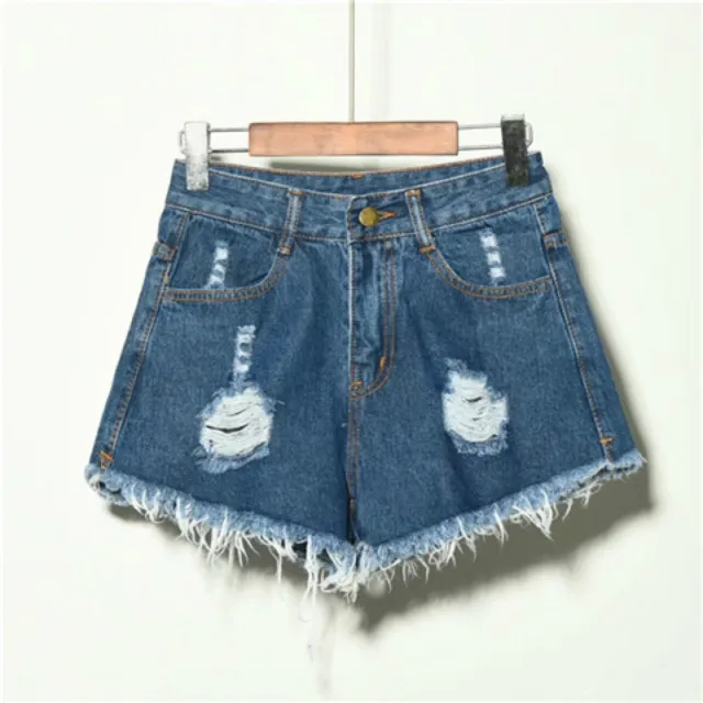 Holed Jeans Shorts Women's Loose And Thin Wide Leg Pants Hot Pants Dark Blue - Shop at LoveMi