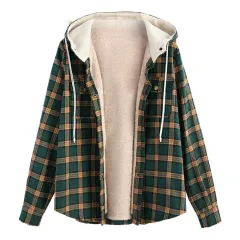 Plush Plaid Shirt Women's Medium Length Hooded Jacket - Green Check - View 1