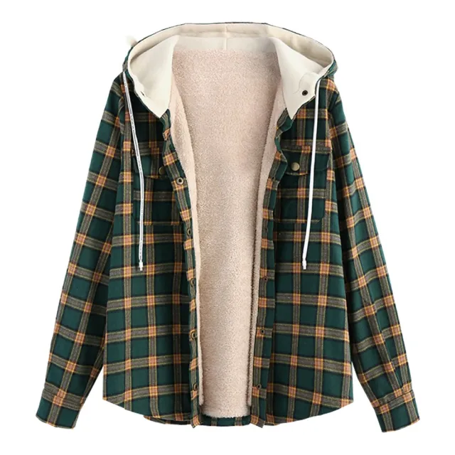 Plush Plaid Shirt Women's Medium Length Hooded Jacket Green - Shop at LoveMi