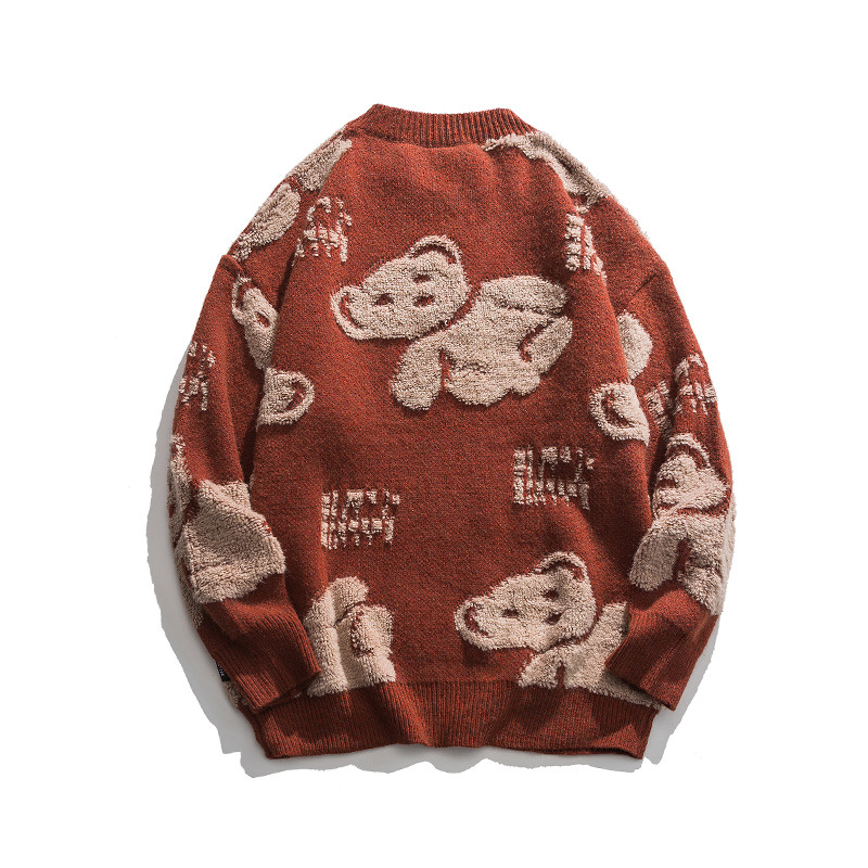 Autumn Casual Loose Knit Bear Embroidered Round Neck Top