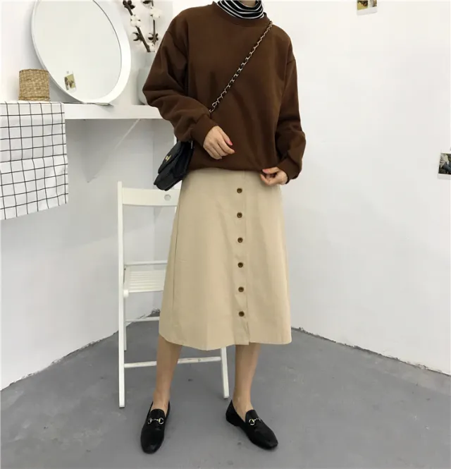 Solid Color Pullover Round Neck Basic Bottoming Top Coffee - Shop at LoveMi