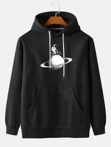 Solid Color Hooded Astronaut Print Couple Sweater Black - Shop at LoveMi
