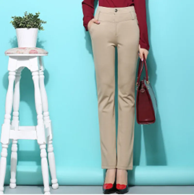 High Waist Stretch Straight-leg Pants Trousers - Shallow Khaki