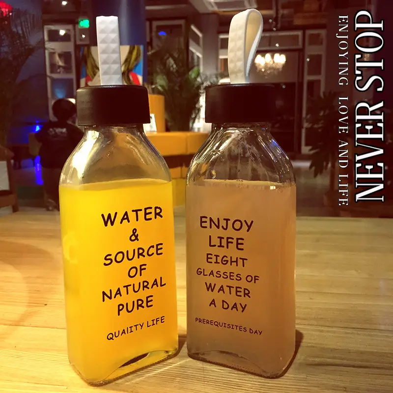 Simple Letter Glass Flat Transparent Water Bottle